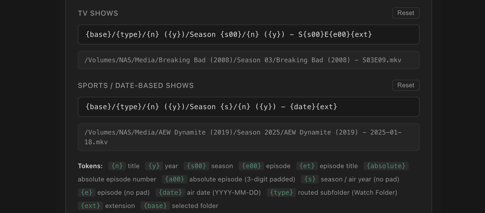 Settings showing naming template with absolute episode token