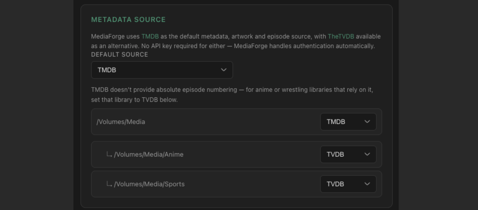 Settings per-library metadata override list showing indented nested paths with TMDB and TVDB selections