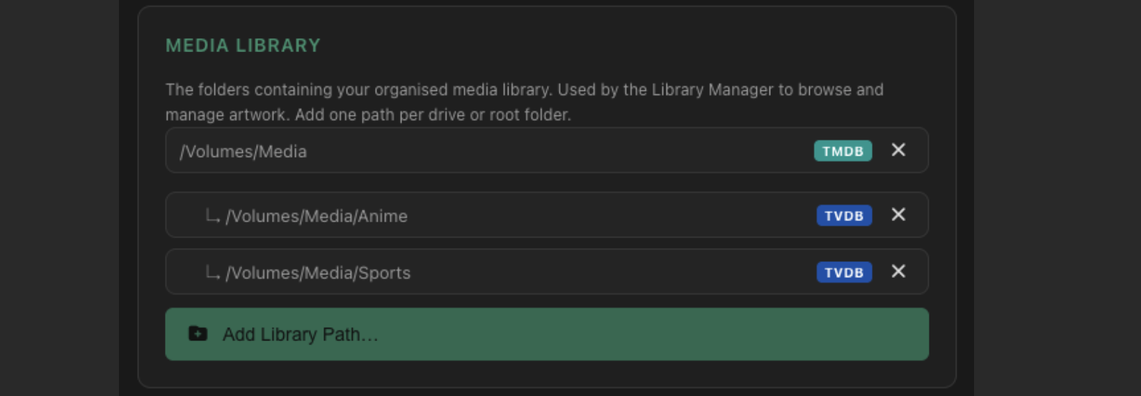 Settings Media Library panel showing a parent path and two nested paths, indented, each with a resolved TMDB or TVDB badge