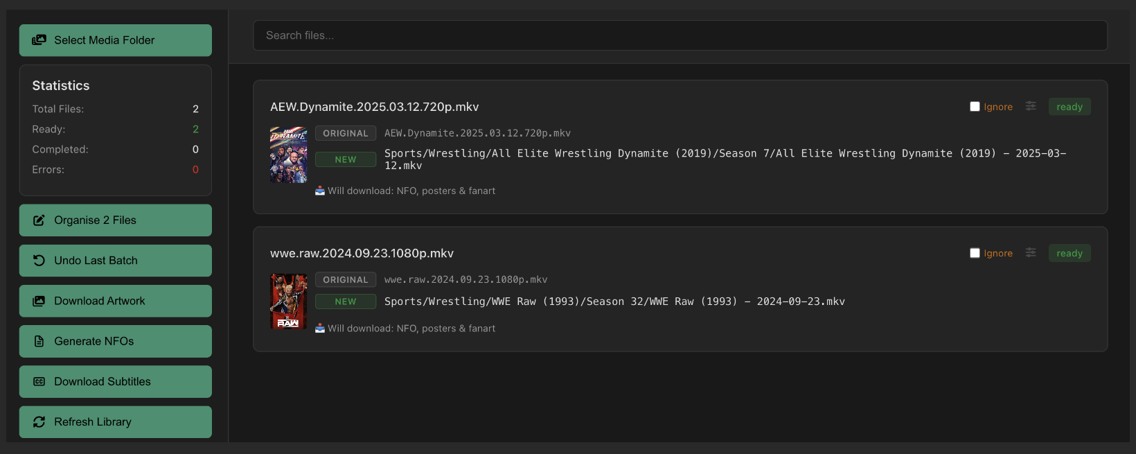 File Organiser showing WWE Raw date-based files matched and renamed