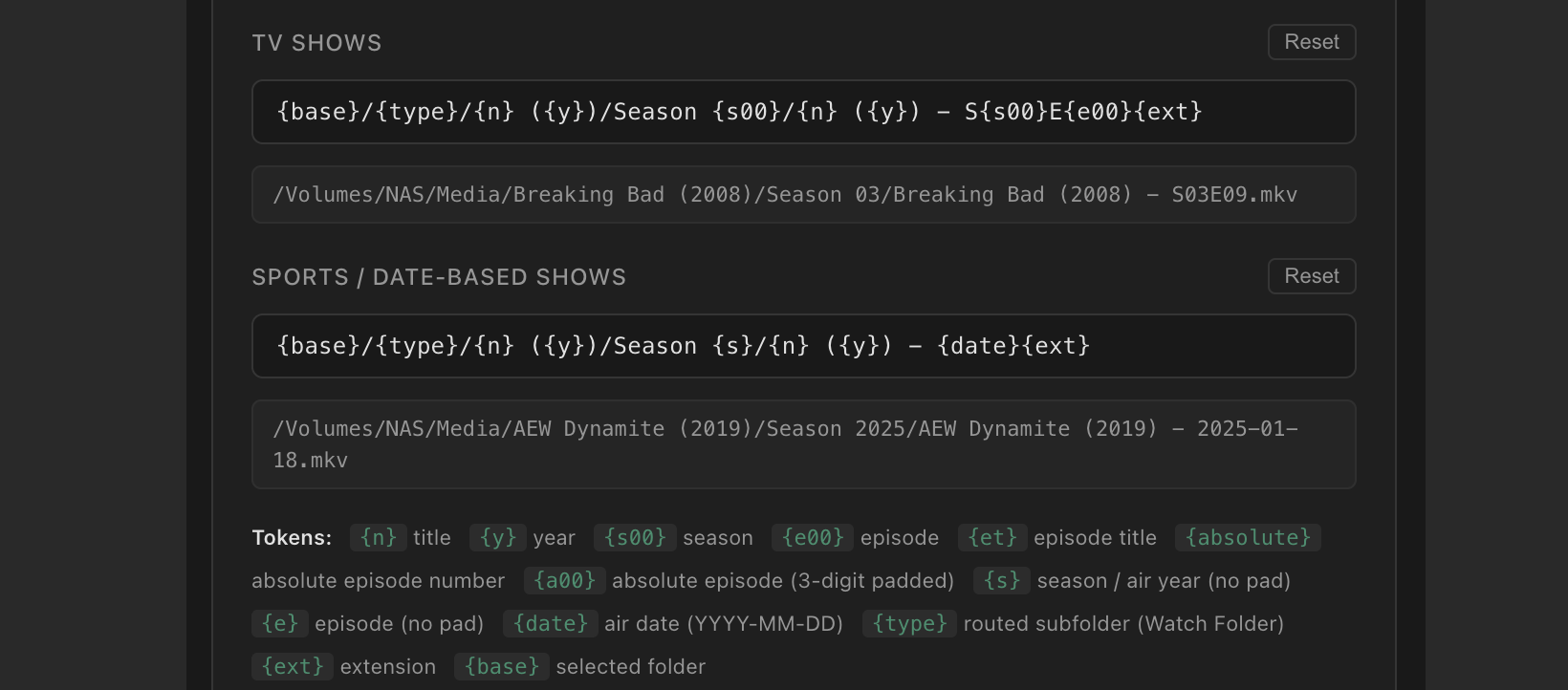 Settings showing date-based naming template