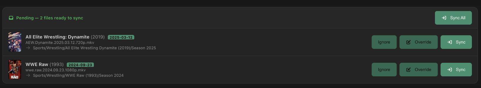 Watch Folder queue showing WWE Raw with Sports/Wrestling destination